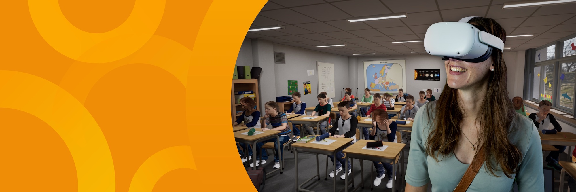 Lerares met VR-bril in de virtuele klas van VR-toepassing Beleef(d) Autisme header preview