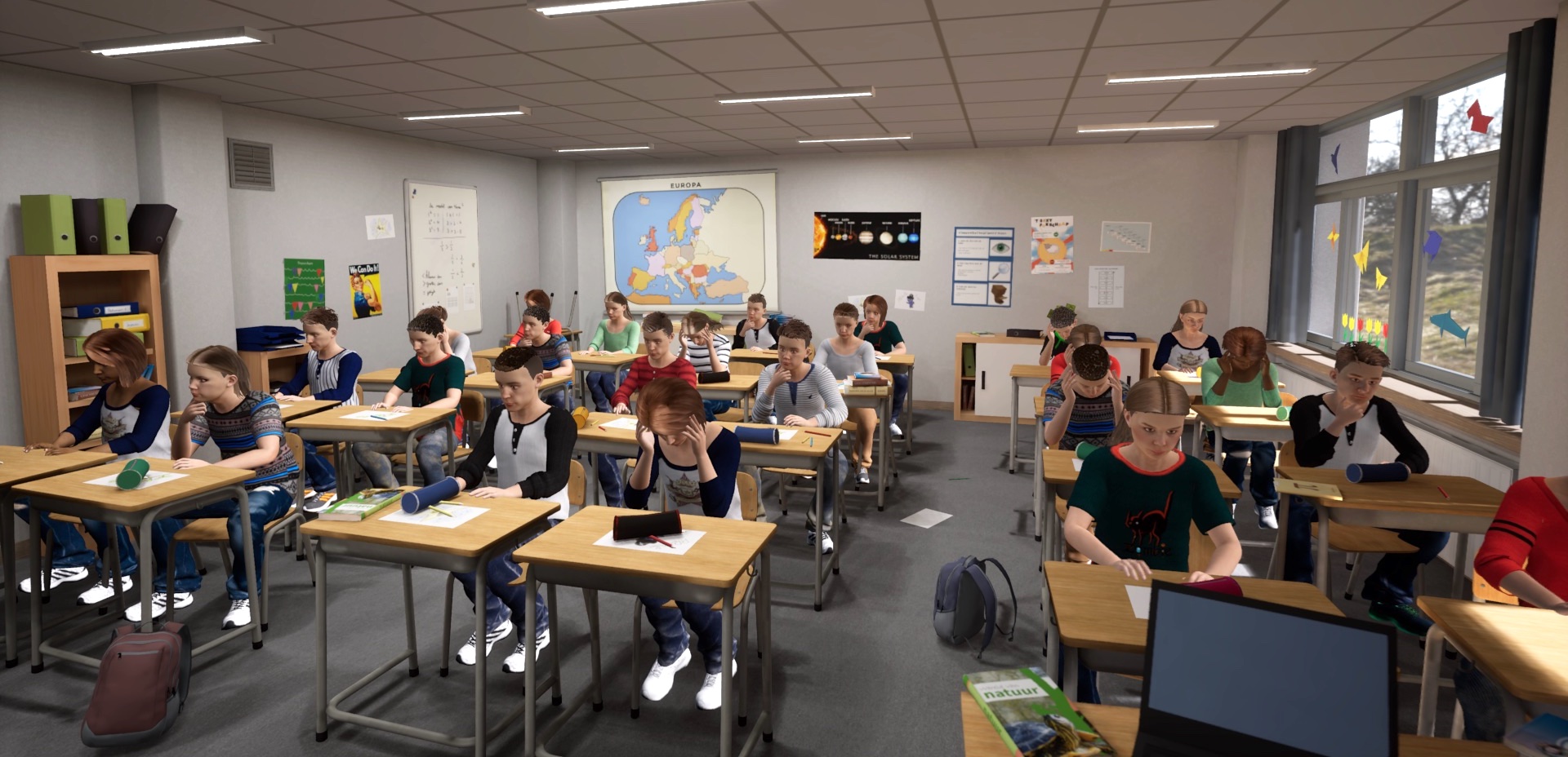 Leslokaal met leerlingen zoals het er in de Virtual Reality simulatie uitziet.
