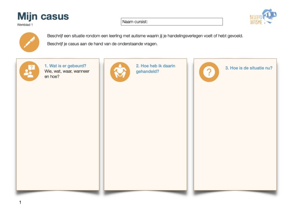 Werkblad 1: Beschrijf een situatie rondom een leerling met autisme waarin jij je handelingsverlegen voelt of hebt gevoeld aan de hand van 3 vragen.